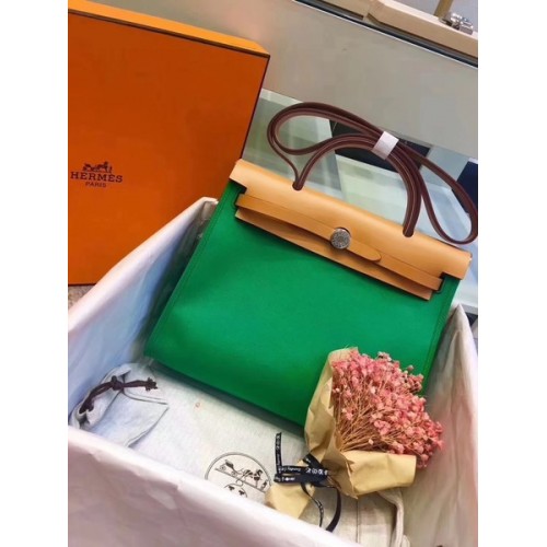 Hermès Herbtáska 31CM Eredeti Vászon Borjúbőr 45987 Zöld&Sárgabarackszínű