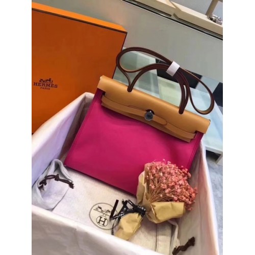 Hermès Herbtáska 31cm Eredeti Vászon Borjúbőr 45987 Rózsaszín és Barna