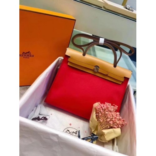 Hermès Herbtáska 31CM Eredeti Vászon Borjúbőr 45987 Piros&Sárgabarackszínű