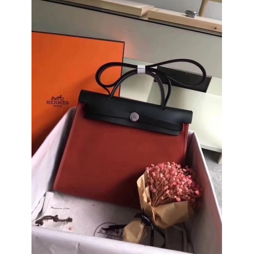 Hermès Herbtáska 31cm Eredeti Vászon Borjúbőr 45987 Bordó és Fekete
