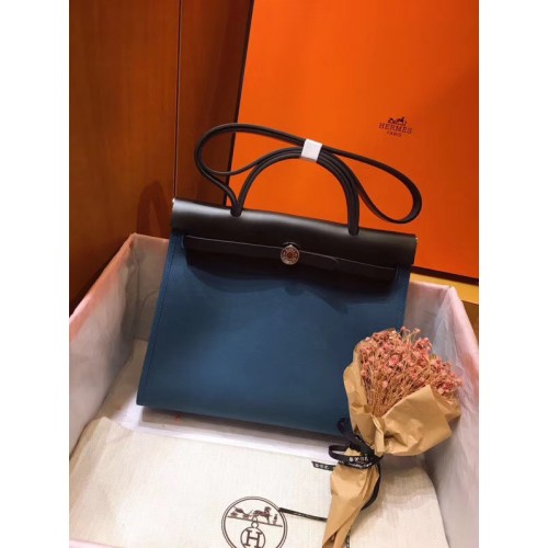 Hermès Herbtáska 31cm Eredeti Vászon Borjúbőr 45987 Kék&Fekete