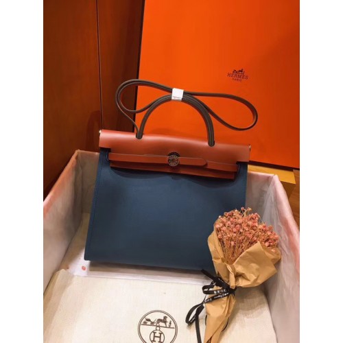 Hermès Herbtáska 31cm Eredeti Vászon Borjúbőr 45987 Kék és Barna