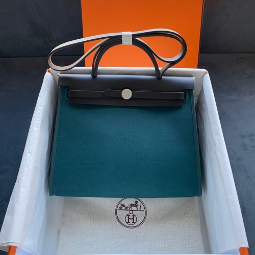 Hermès Herbtáska 31CM Eredeti Vászon Borjúbőr 45987 Égszínkék & Fekete