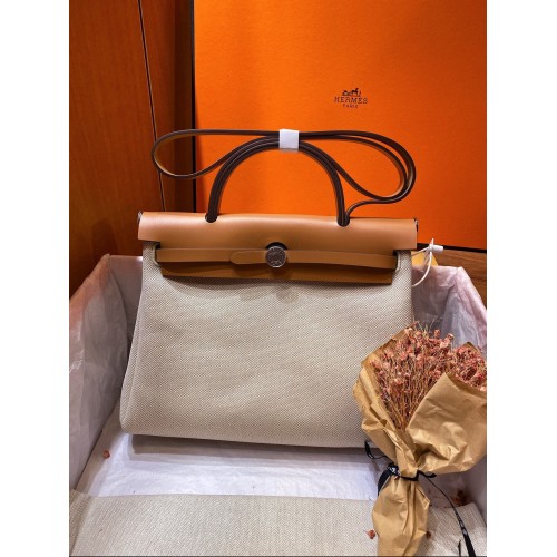 Hermès Herbtáska 31CM Eredeti Vászon Borjúbőr 45988 Barna&Fehér