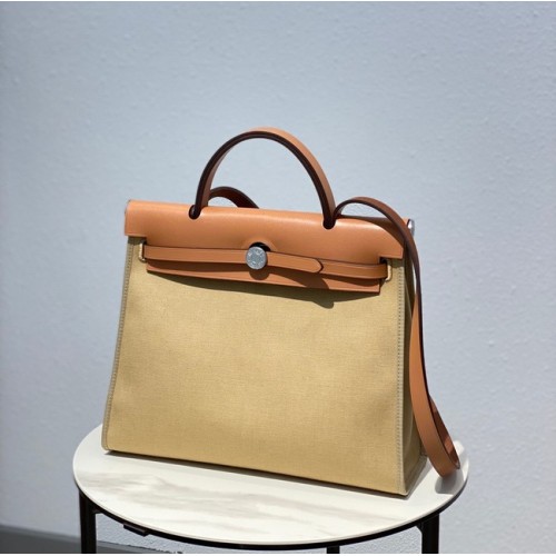 Hermès Herbtáska 31CM Eredeti Vászon Borjúbőr 48887 Krémbarna