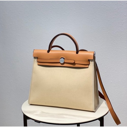 Hermès Herbtáska 31CM Eredeti Vászon Borjúbőr 48887 Törtfehér és Camel