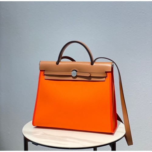 Hermès Herbtáska 31CM Eredeti Vászon Borjúbőr 48887 Narancssárga&Barna
