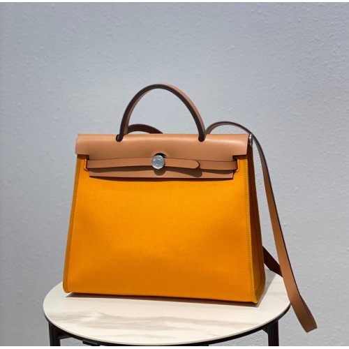 Hermès Herbtáska 31CM Eredeti Vászon Borjúbőr 48887 Sárga&Barna