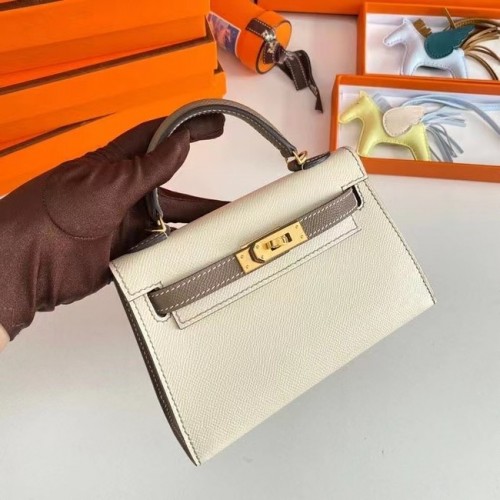 Hermes Kelly 19cm Válltáska Epsom Bőr KL19 Arany Hardverek Krém & Szürke