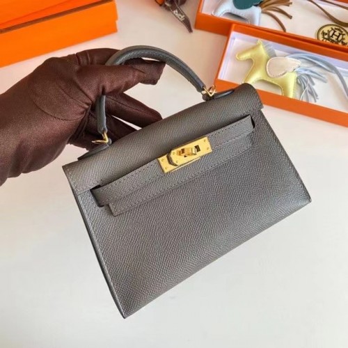 Hermes Kelly 19cm Válltáska Epsom Bőr KL19 Szürke Arany Hardverek