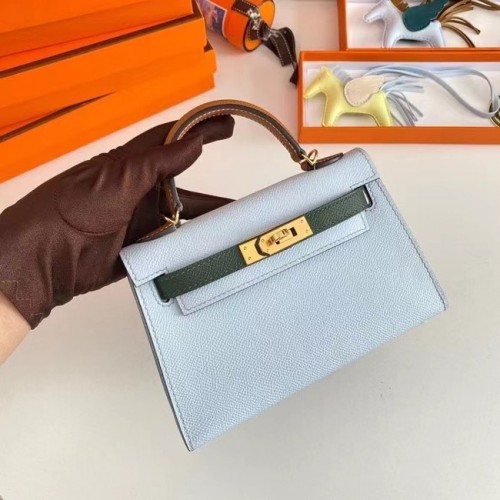 Hermes Kelly 19cm Válltáska Epsom Bőr KL19 Arany Hardverek Világoskék & Zöld