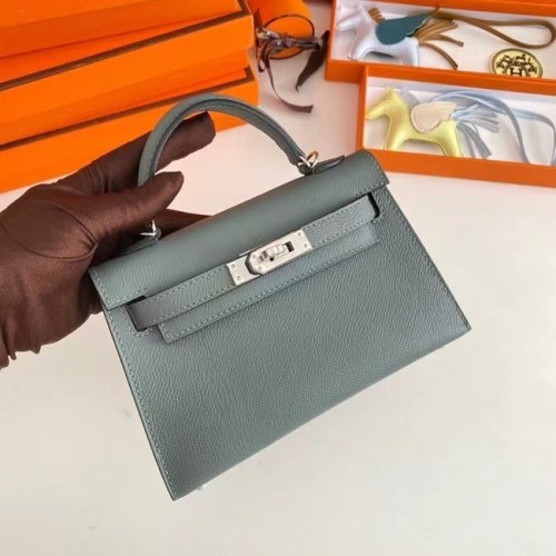 Hermes Kelly 19cm Válltáska Epsom Bőr KL19 Ezüst Hardverek Mandulazöld