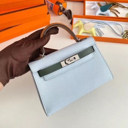 Hermes Kelly 19cm Válltáska Epsom Bőr KL19 Ezüst Hardverek Világoskék & Zöld