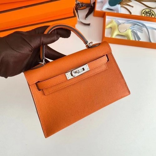 Hermes Kelly 19cm Válltáska Epsom Bőr KL19 Ezüst Hardverek Narancssárga