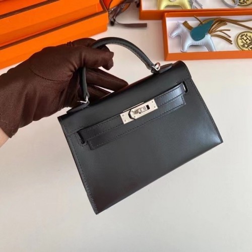 Hermes Kelly 19cm Válltáska Doboz Bőr KL19 Ezüst Hardverek Fekete
