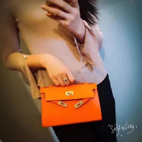 Hermès Kelly 22cm-es Táska Eredeti Bőr KL22 Narancssárga