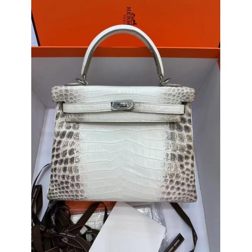 Hermès Kelly 25CM Eredeti Dél-afrikai Nílusi Krokodilbőr Táska KL25 Fehér És Szürke
