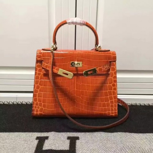 Hermès Kelly 28cm Válltáska Krokodilbőr K28 Narancssárga
