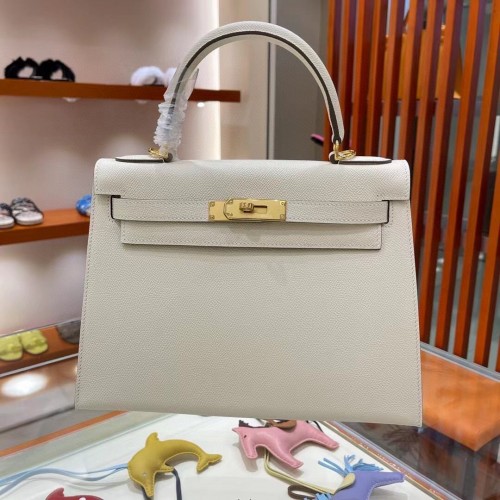 Hermes Kelly 28cm Válltáska Epsom Bőr KL28 Krémfehér Arany Hardverek