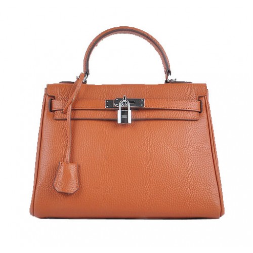 Hermes Kelly 28cm Válltáska Narancssárga Szemcsés Bőr Ezüst