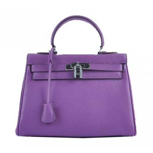Hermes Kelly 28cm Válltáska Lila Szemcsés Bőr Ezüst