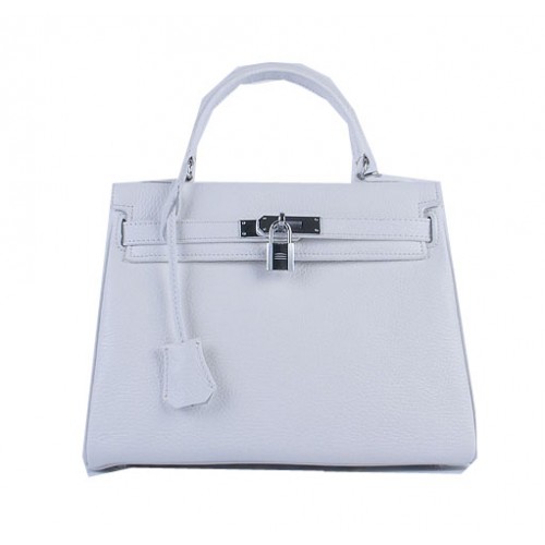 Hermes Kelly 28cm Válltáska Fehér Szemcsés Bőr Ezüst