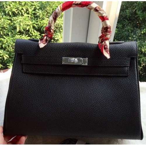 Hermès Kelly 32cm Válltáska Fekete Borjúbőr K32CL Ezüst