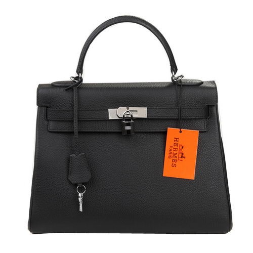 Hermes Kelly 32cm Válltáska Fekete Eredeti Bőr K32 Ezüst