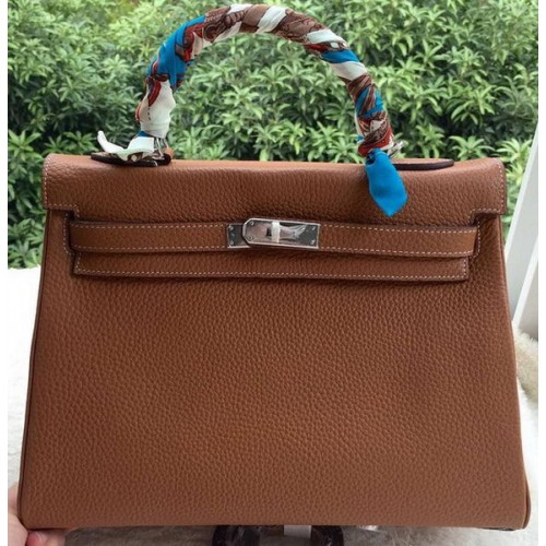Hermès Kelly 32cm Válltáska Barna Borjúbőr K32CL Ezüst