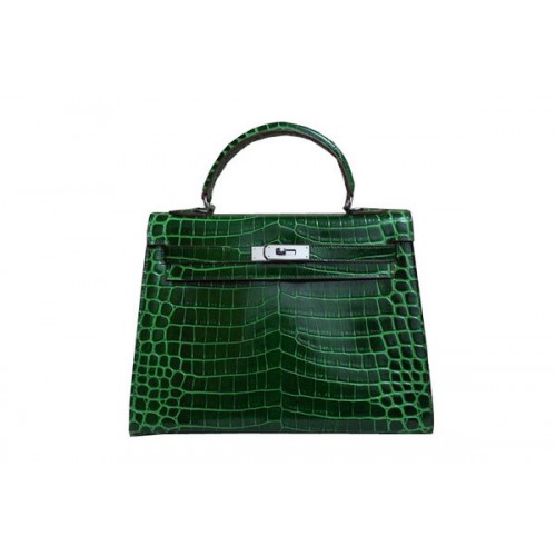 Hermès Kelly 32cm Válltáska Zöld Krokodilbőr K32 Ezüst
