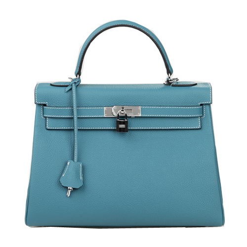 Hermes Kelly 32cm Válltáska Világoskék Eredeti Bőr K32 Ezüst