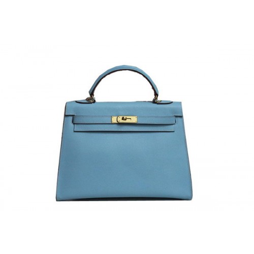 Hermès Kelly 32cm Válltáska Világoskék Saffiano Bőr K32 Ezüst
