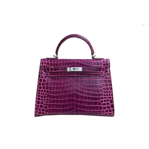 Hermès Kelly 32cm Válltáska Lila Krokodilbőr K32 Ezüst