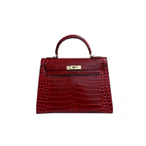 Hermès Kelly 32cm Válltáska Piros Krokodilbőr K32 Ezüst