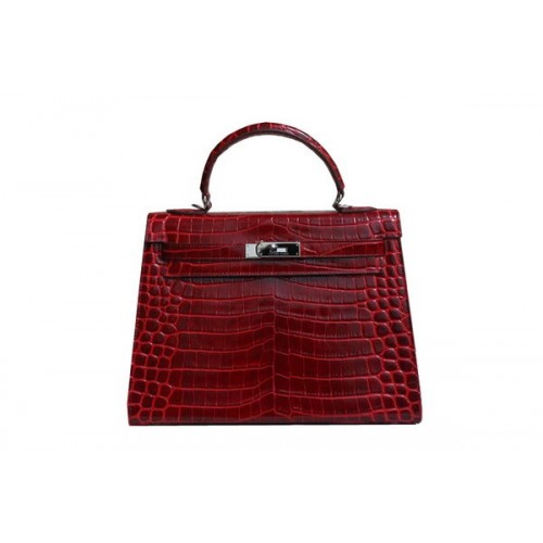 Hermès Kelly 32cm Válltáska Piros Krokodilbőr K32 Ezüst