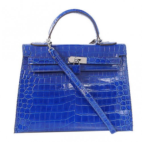 Hermès Kelly 32cm Válltáska Kék Irizáló Krokodilbőr Ezüst
