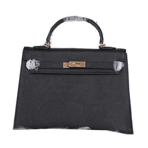 Hermes Kelly 32cm Válltáska Szemcsés Bőr Fekete