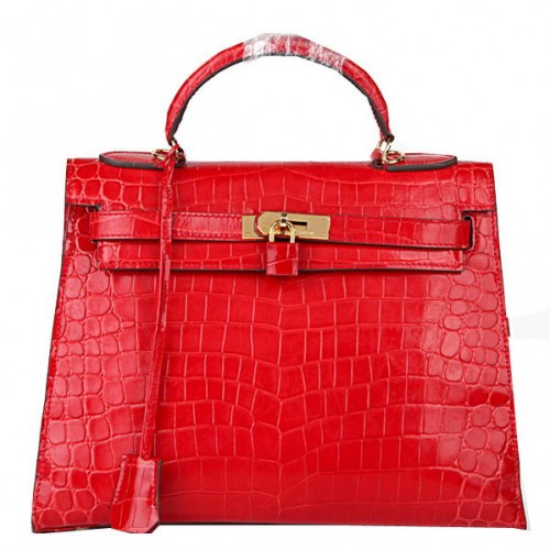Hermes Kelly 32cm Válltáska Piros Irizáló Krokodilbőr Ezüst