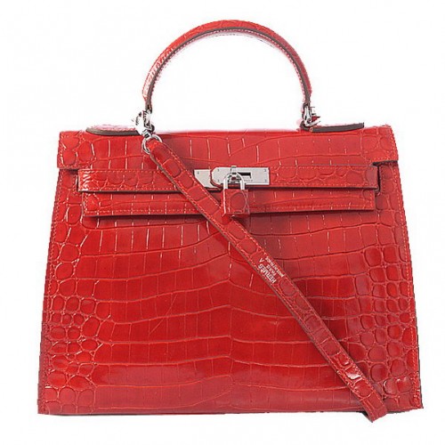 Hermes Kelly 32cm Válltáska Piros Irizáló Krokodilbőr Ezüst
