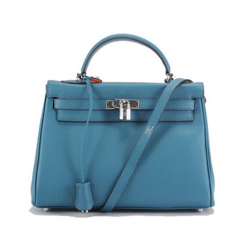 Hermès Kelly 32cm Togo Bőr Táska 6018 Kék Ezüst