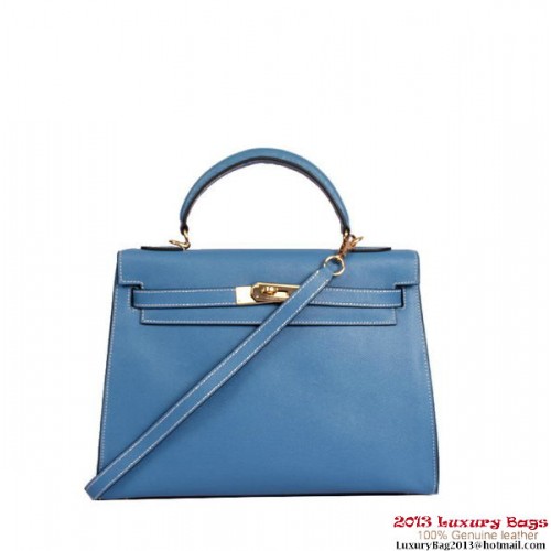 Hermès Kelly 32cm Felső Fogantyú Táska Kék Togo Bőr Ezüst