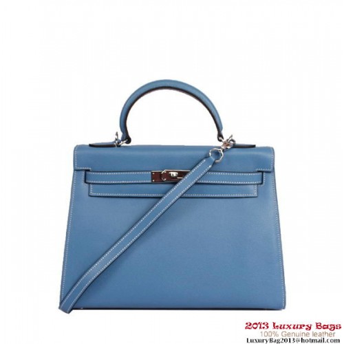 Hermès Kelly 32cm Felső Fogantyú Táska Kék Togo Bőr Ezüst