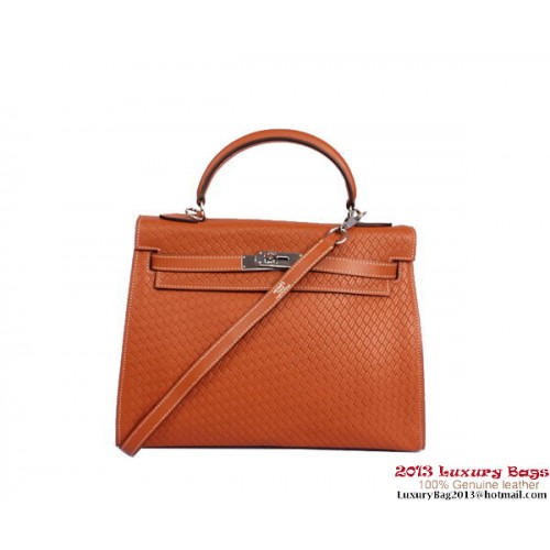 Hermes Kelly 32cm Felső Fogantyú Táska Camel Szőtt Bőr Ezüst