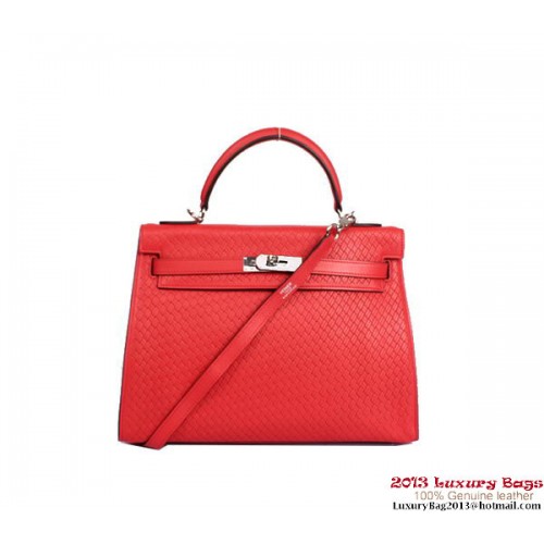 Hermes Kelly 32cm Felső Fogantyú Táska Világospiros Szőtt Bőr Ezüst