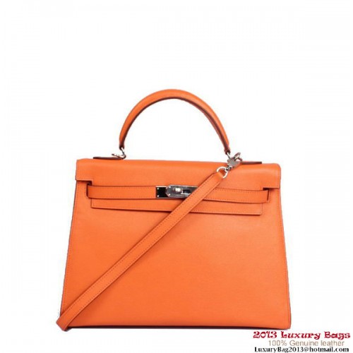 Hermes Kelly 32cm Felső Fogantyú Táska Narancssárga Togo Bőr Ezüst