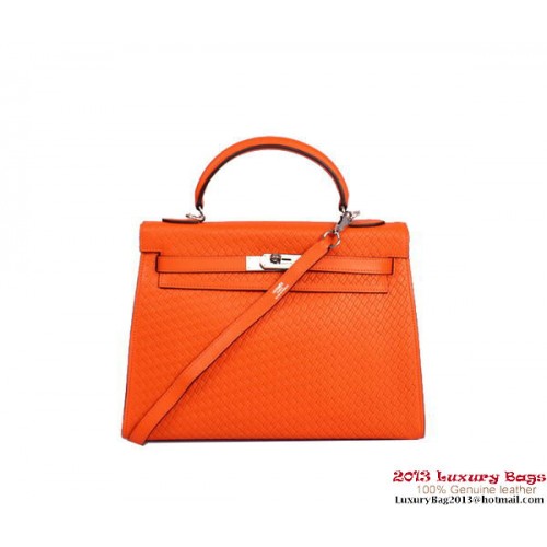 Hermes Kelly 32cm Felső Fogantyú Táska Narancssárga Szőtt Bőr Ezüst