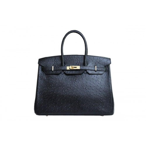 Hermes Kelly 35cm Felső Fogantyú Táska Fekete Strucc Bőr Ezüst