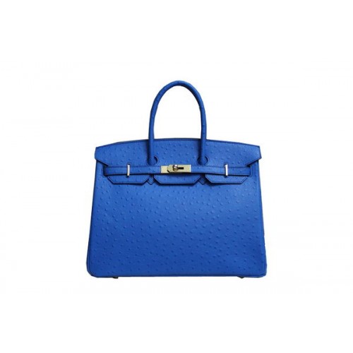 Hermès Kelly 35cm Felső Fogantyú Táska Kék Struccbőr Ezüst