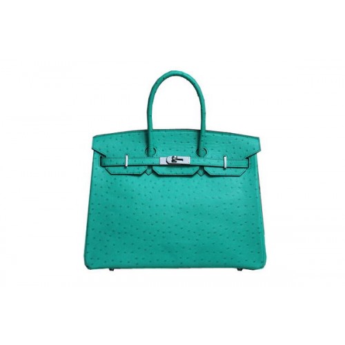 Hermès Kelly 35cm Felső Fogantyú Táska Zöld Strucc Bőr Ezüst