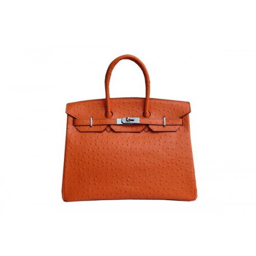 Hermes Kelly 35cm Felső Fogantyú Táska Narancssárga Strucc Bőr Ezüst